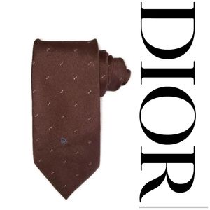 Christian Dior Mens silk blend logo tie brown background with blue & red pattern